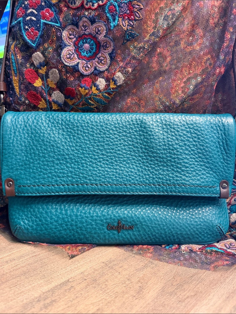 Cole Haan Teal Pebbled Leather Fold-Over Crossbody